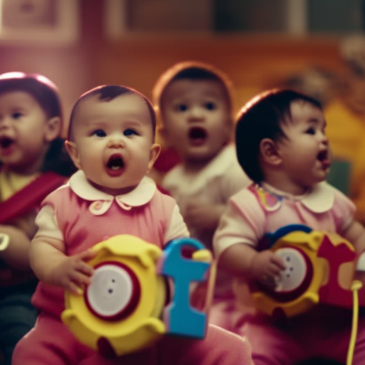 An image depicting a group of joyful infants, between 6 to 12 months old, sitting in a circle with their caregivers