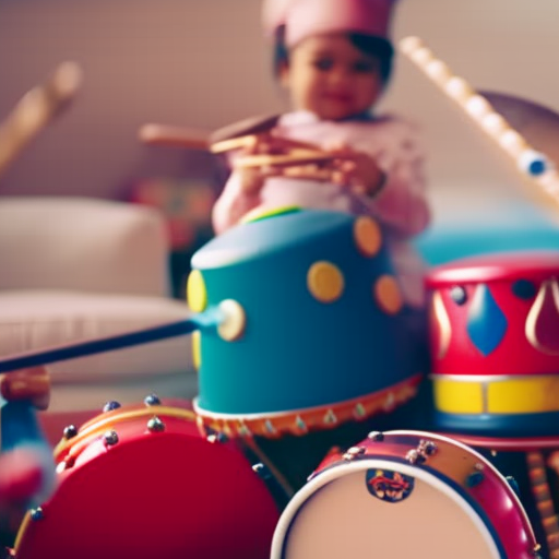 An image of a colorful playmat filled with various musical instruments, like mini drums, xylophones, and maracas, scattered around a smiling infant joyfully exploring and interacting with the instruments