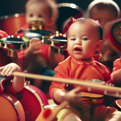 An image showcasing a group of joyful infants sitting in a colorful circle, surrounded by various musical instruments