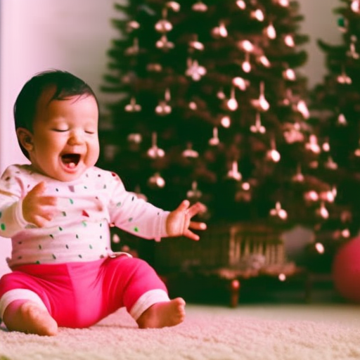 An image showcasing a joyful, giggling infant moving to the rhythm of music, with their tiny hands clapping, feet kicking, and body swaying, highlighting the numerous benefits of music-induced movement for infants