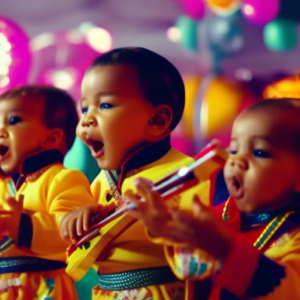 An image showcasing a group of joyful infants, surrounded by vibrant musical instruments and colorful toys, as they sway and dance to the rhythm, capturing the essence of the magical connection between music and movement