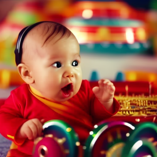 An image showcasing an adorable baby surrounded by colorful musical instruments, as they joyfully explore their surroundings