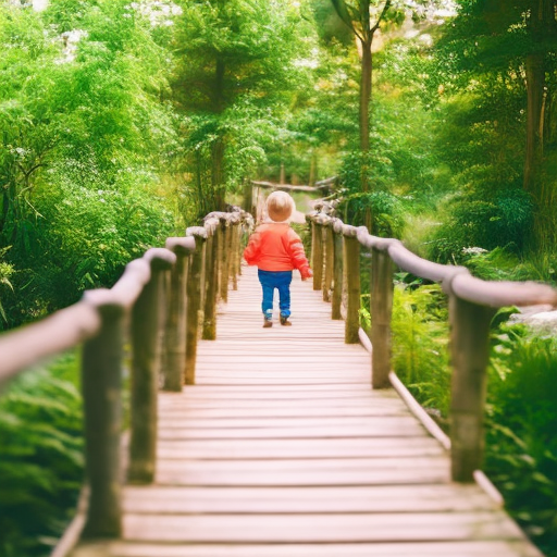 An image of a toddler wearing a brightly colored, reflective vest, holding an adult's hand, as they cautiously step on a sturdy wooden bridge surrounded by lush greenery, emphasizing the importance of safety during outdoor adventures