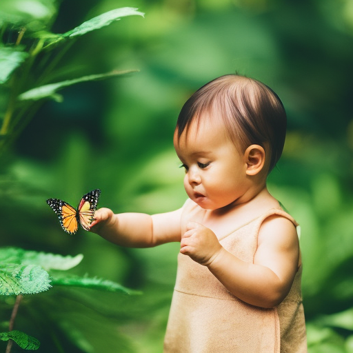 An image of a joyful toddler surrounded by lush greenery, marveling at a vibrant butterfly perched on their outstretched finger