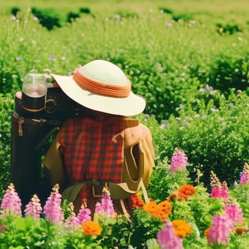An image showcasing a colorful backpack filled with a mini magnifying glass, a sturdy water bottle, a wide-brimmed sun hat, and a small net, all surrounded by vibrant flowers and lush greenery