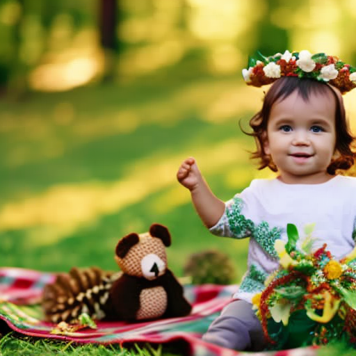 An image of a toddler, seated on a picnic blanket in a lush green meadow