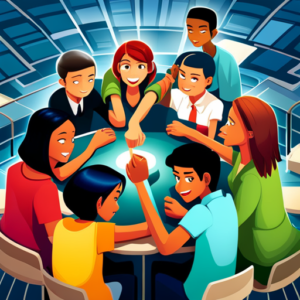 An image showcasing a group of diverse teenagers engaged in animated conversations, their faces reflecting a kaleidoscope of emotions, as they navigate the intricate web of friendship, gossip, and cliques in the vibrant backdrop of a bustling high school cafeteria