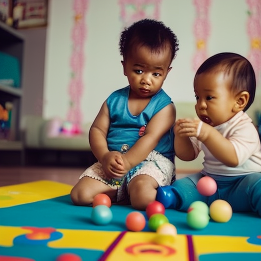 An image depicting two toddlers sitting on a colorful play mat, one with a disappointed expression while the other holds a toy