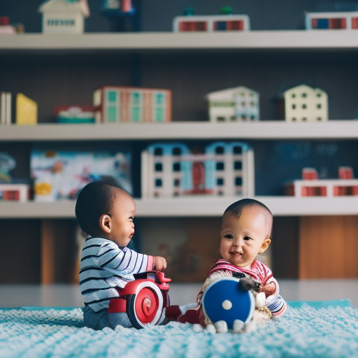An image capturing two toddlers sitting side by side, engrossed in a toy-sharing session