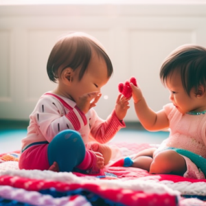 An image of two toddlers sitting side by side on a colorful blanket, engrossed in play