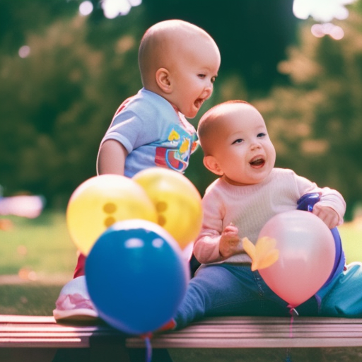 An image of two toddlers sitting side by side on a park bench, one gently comforting the other with a compassionate smile, while colorful balloons float in the background, embodying the vibrant emotions and supportive nature of toddler friendships