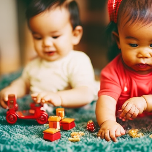 An image showcasing two toddlers, smiling and holding hands while engaging in a collaborative activity, surrounded by diverse toys