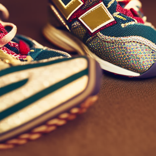 An image showcasing a pair of New Balance baby shoes with vibrant floral patterns, accented by glittery gold stripes