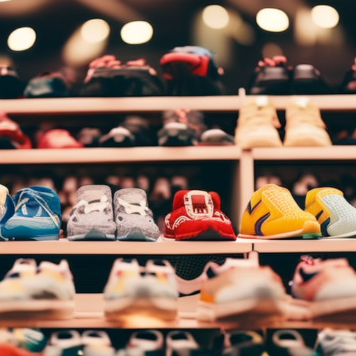 An image showcasing a brightly lit, spacious shoe store with neatly arranged shelves, displaying a variety of New Balance baby shoes in vibrant colors and sizes