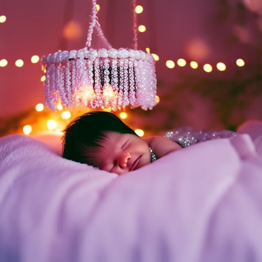An image displaying a cozy newborn baby bed adorned with a soft, plush mattress covered in delicate cotton sheets, surrounded by a canopy of gentle fairy lights, and a colorful mobile hanging above