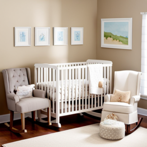 An image showcasing a cozy nursery filled with a crib adorned with soft blankets, a shelf stocked with tiny onesies and booties, a diaper changing station complete with wipes and lotions, and a rocking chair nestled in a corner