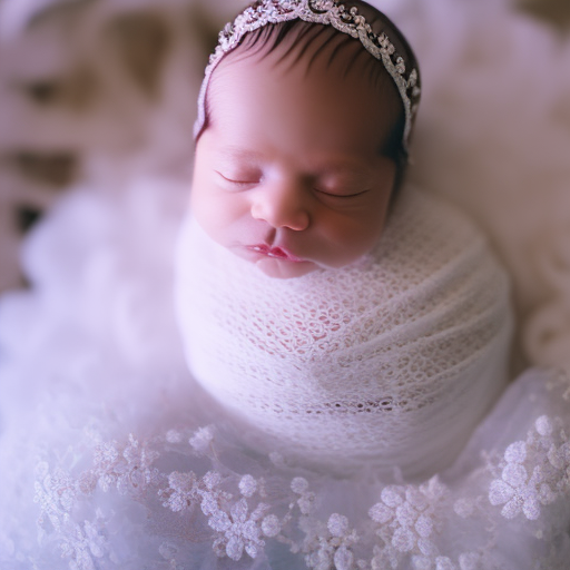 An image capturing the delicate charm of newborn baby gowns, showcasing a pristine white gown adorned with intricate lace patterns, delicate embroidery, and dainty bows, exuding timeless elegance and pure innocence