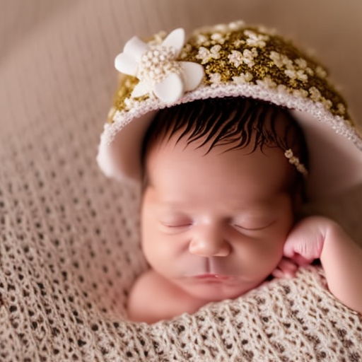An image of a delicate, pastel-hued newborn baby hat adorned with tiny, intricately knitted flowers