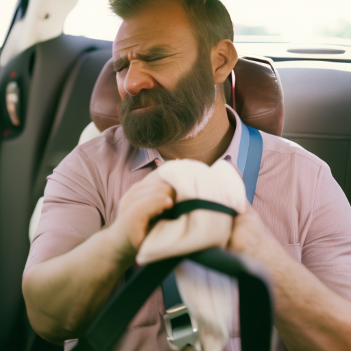 An image of a frustrated parent struggling to properly install a car seat, showcasing common mistakes like loose straps, incorrect angle, and improper harness positioning