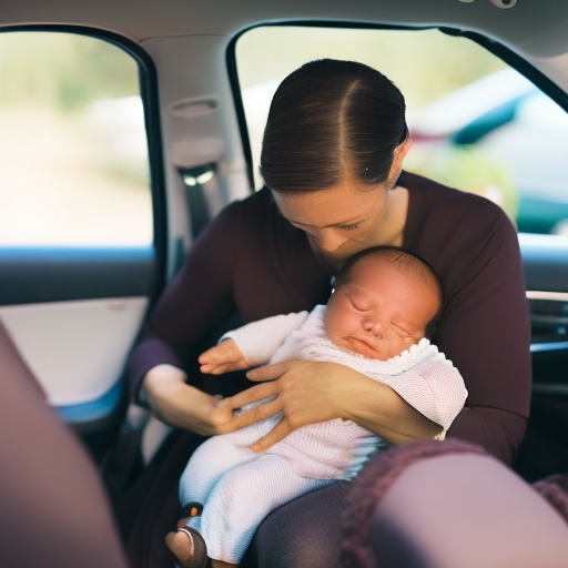 An image depicting a concerned parent holding a newborn while gently buckling them into a car seat, showcasing proper installation techniques and addressing common inquiries on newborn car seat safety