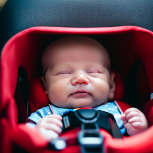 An image capturing a close-up of a perfectly installed newborn car seat, with soft plush padding, secure five-point harness, and an attentive parent adjusting the straps, ensuring utmost safety for their precious bundle