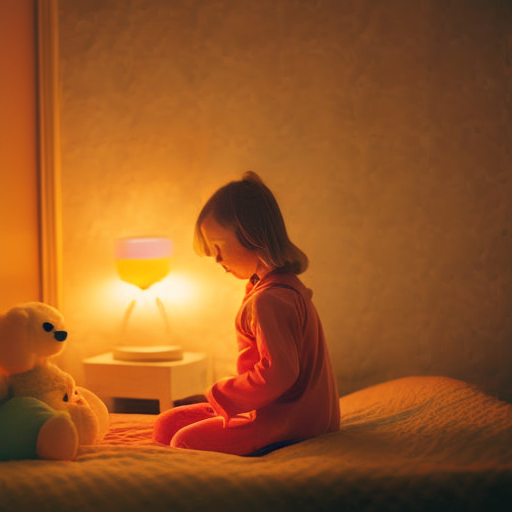  Capture the tranquility of a dimly lit bedroom as a loving caregiver tenderly adjusts a soft nightlight, casting a gentle glow on a cozy toddler bed adorned with plush toys, inviting peaceful slumber