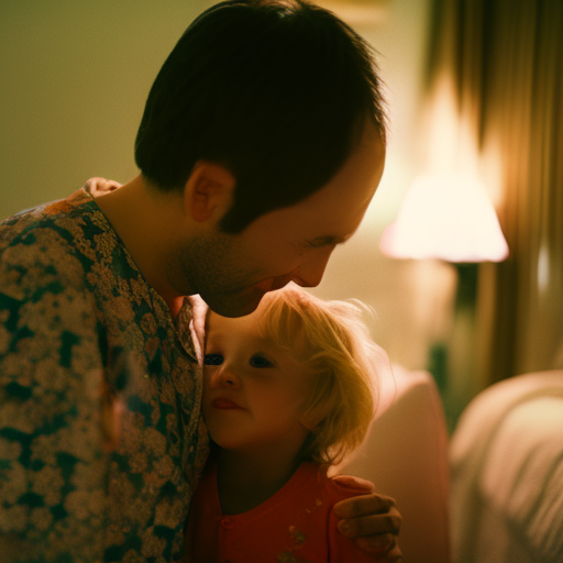 An image featuring a dimly lit bedroom, where a toddler, clad in cozy pajamas, tenderly receives a goodnight kiss and hug from their parent, showcasing the heartwarming nighttime ritual