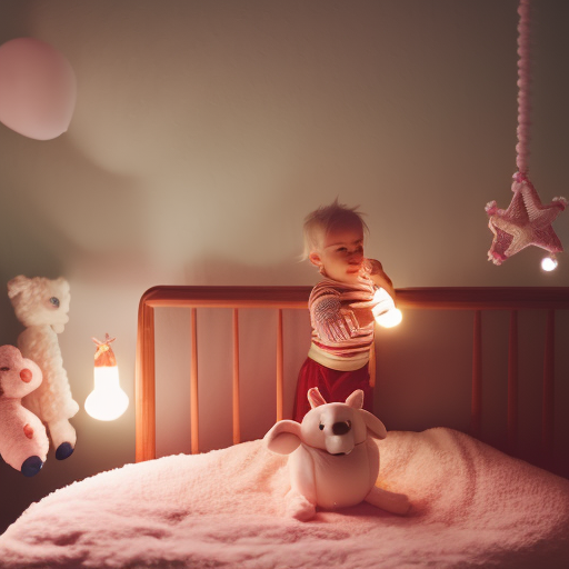  the essence of a serene bedtime routine: A dimly lit room with a soft nightlight casting a gentle glow over a cozy toddler bed, adorned with plush toys and a tranquil mobile hanging above