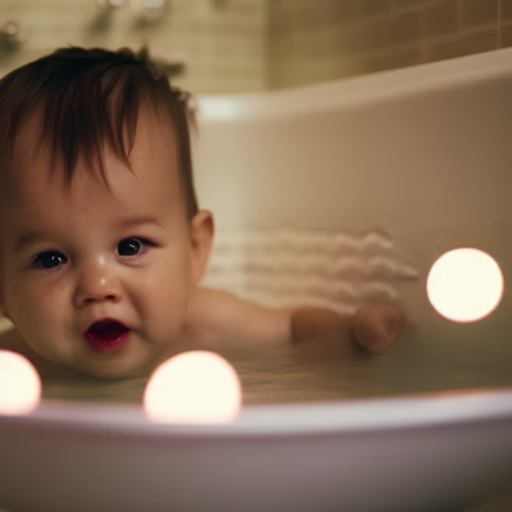 An image capturing the serene ambiance of a dimly-lit bathroom, where a content toddler splashes in a warm bath filled with gentle bubbles, surrounded by soft, fluffy towels and soothing bath toys
