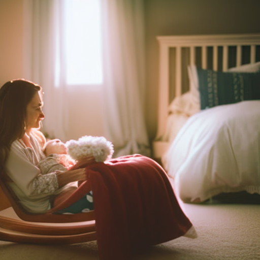 An image depicting a serene bedroom scene: a dimly lit room with a cozy rocking chair, a toddler nestled in their parent's arms, eyes closed peacefully, as the parent softly sings a lullaby