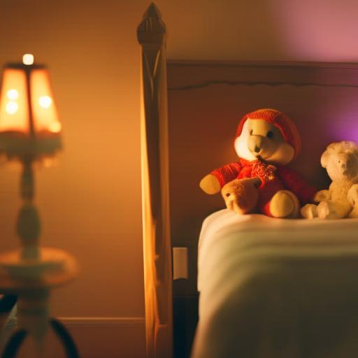 An image of a serene bedroom scene at night, with a soft nightlight casting a soothing glow