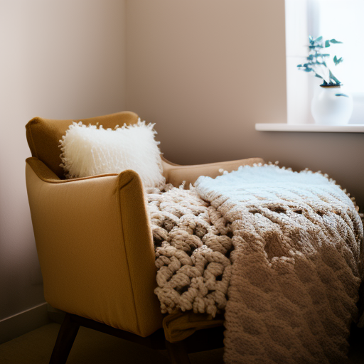 An image showcasing a serene nursery corner, bathed in soft natural light, with a plush Ikea nursery chair adorned with a fluffy throw pillow and a cozy knitted blanket