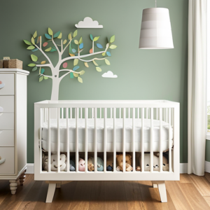 An image capturing a serene baby's room, with soft pastel walls adorned by whimsical animal decals