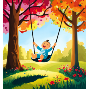 An image of a sunlit park, where a cheerful baby in a colorful onesie giggles while being gently pushed on a swing by a smiling parent, surrounded by blooming flowers, towering trees, and other families engaged in joyful outdoor activities