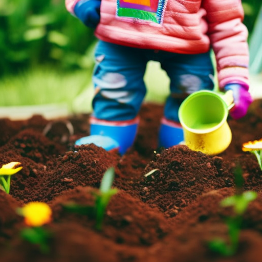 An image showcasing a toddler wearing colorful gardening gloves, happily digging into a patch of soil