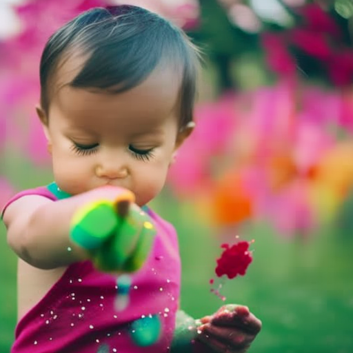  a vibrant image showcasing a toddler joyfully creating a colorful masterpiece with sidewalk chalk or finger paints