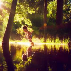 An image capturing the joyous sight of a toddler gleefully splashing in a shallow creek, surrounded by vibrant wildflowers, with a backdrop of towering trees and dappled sunlight filtering through the leaves