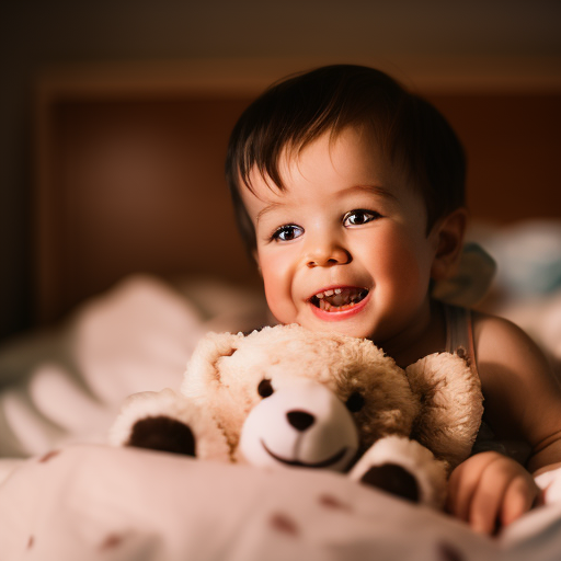 An image of a smiling toddler proudly tucking themselves into bed, clutching their favorite stuffed animal, surrounded by soft blankets and a nightlight casting a warm glow, showcasing the triumph of mastering bedtime independence