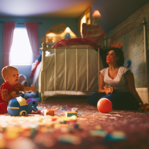 An image of a weary parent sitting on a colorful, cluttered bedroom floor, while a determined toddler stands next to an overturned toy box, surrounded by scattered stuffed animals and books, as the moonlight softly illuminates the room