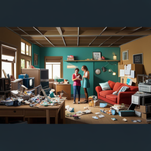 An image of a frustrated parent, standing next to a cluttered kitchen table, covered in unfinished school projects, scattered electronics, and a pile of crumpled papers, while their tween lounges on a nearby couch, engrossed in their smartphone