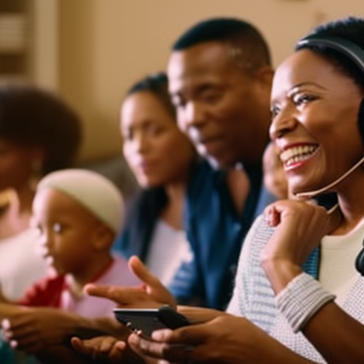 An image featuring a diverse group of parents, engrossed in a lively discussion while wearing headphones, as they listen to a variety of parenting podcasts