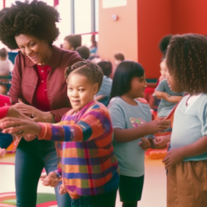 An image showcasing a diverse group of parents engaged in various activities, surrounded by a vibrant community center