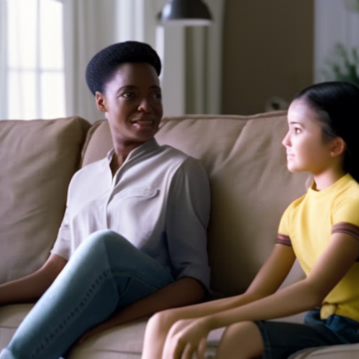 An image depicting a serene living room scene with a parent and teenager engaged in an open, respectful conversation