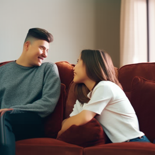 An image depicting a parent and teenager engaged in a calm conversation, sitting facing each other on a cozy couch