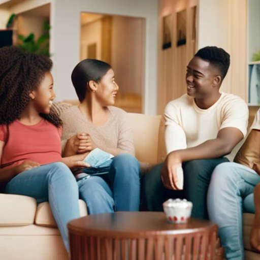 An image depicting a diverse group of parents and teens engaged in a lively conversation, sitting in a comfortable living room