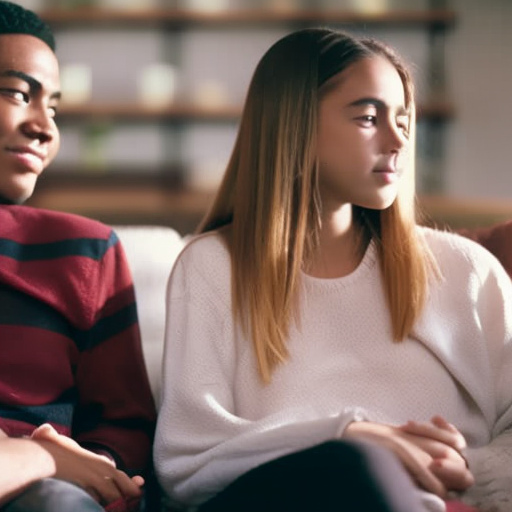 An image that showcases a teenager and a parent engaged in a heart-to-heart conversation, sitting on a cozy living room couch
