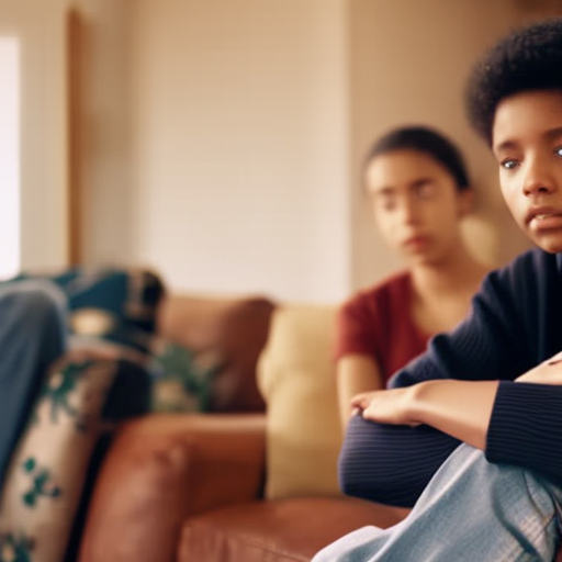 An image showcasing a serene living room with a sofa and two teenagers sitting together, one leaning slightly towards the other, their arms crossed, and eyes engaged, conveying a deep understanding and connection through non-verbal communication