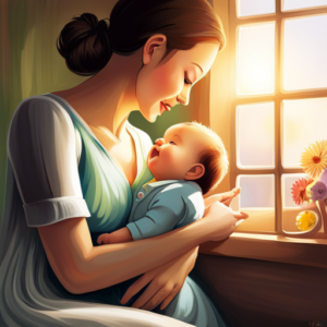 an intimate moment of pure joy as a loving parent cradles their blissfully content baby, bathed in the warm glow of sunlight streaming through a window, surrounded by familiar toys and gentle laughter