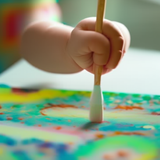 An image capturing a toddler's tiny fingers carefully grasping a paintbrush, as they proudly paint colorful strokes onto a blank canvas, showcasing their developing fine motor skills
