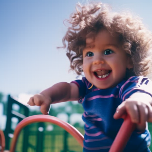 An image showcasing a fearless toddler conquering a playground climbing frame, their tiny hand gripping the metal bars, determinedly scaling higher, while a proud smile illuminates their face and their curly hair dances in the wind